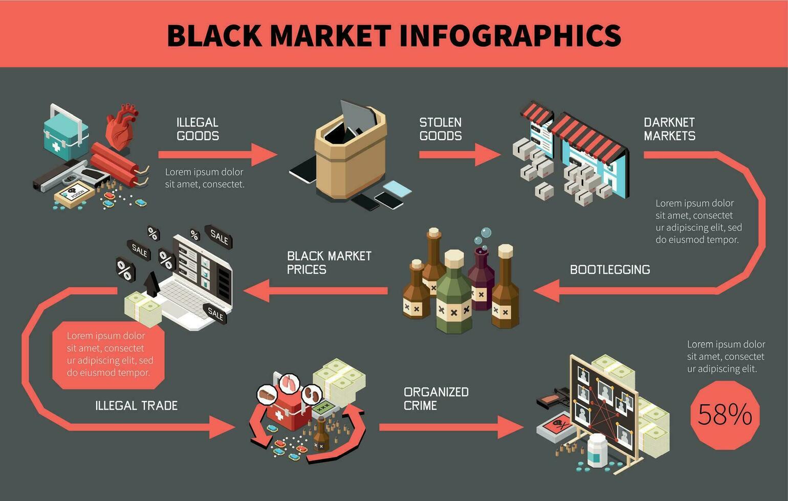 negro mercado isométrica de colores infografía vector