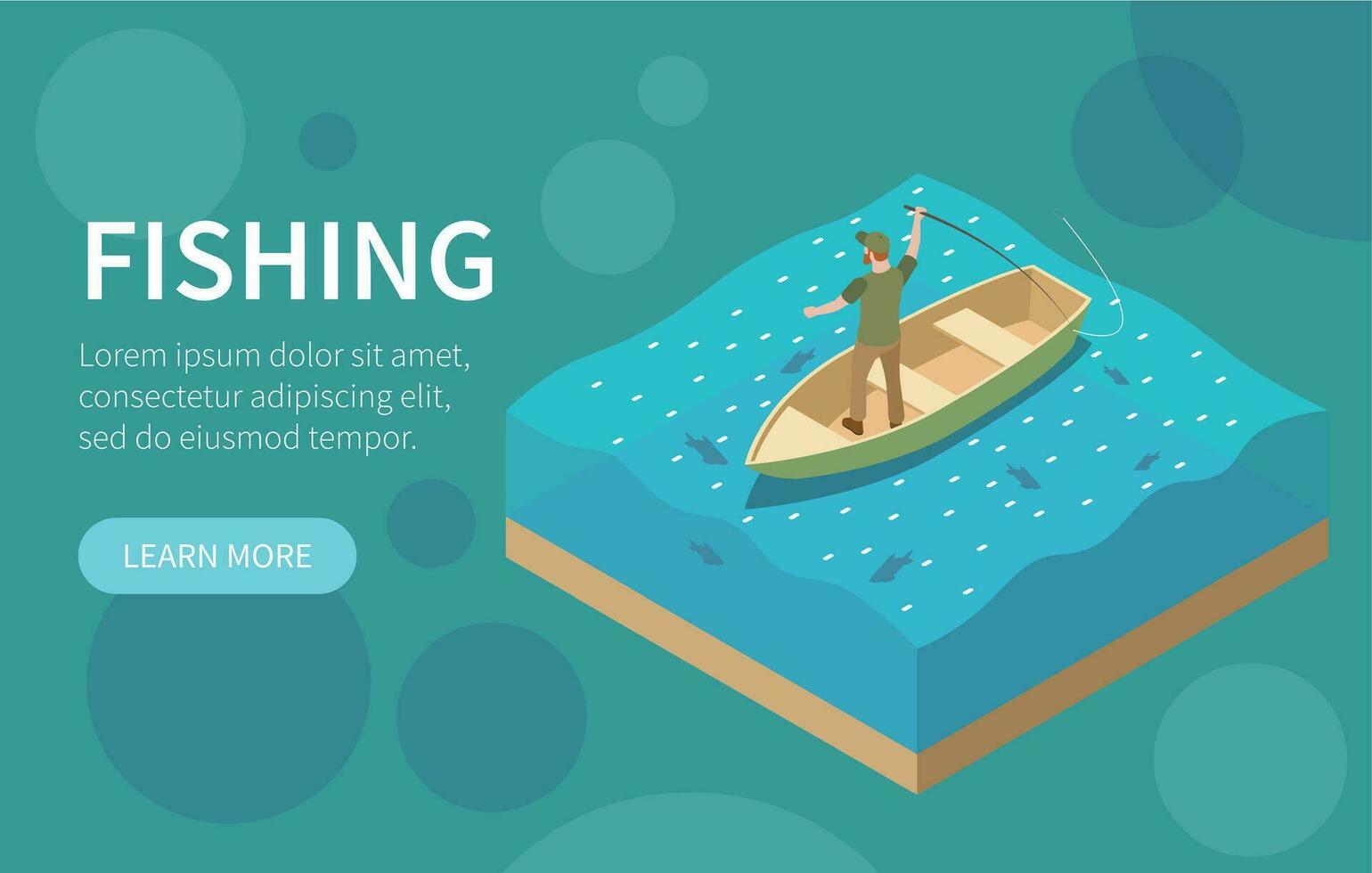 Horizontal Fishing Fisherman Isometric Banner vector