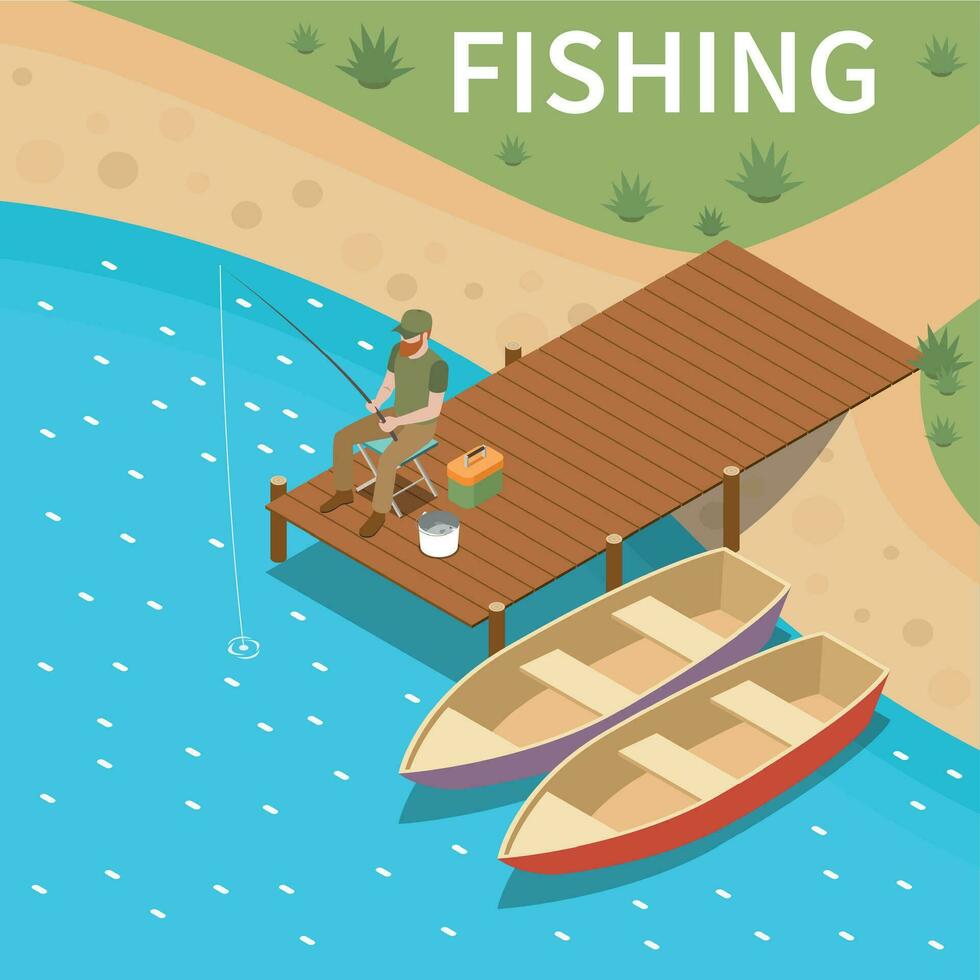 Fishing Fisherman Colored Isometric Concept vector