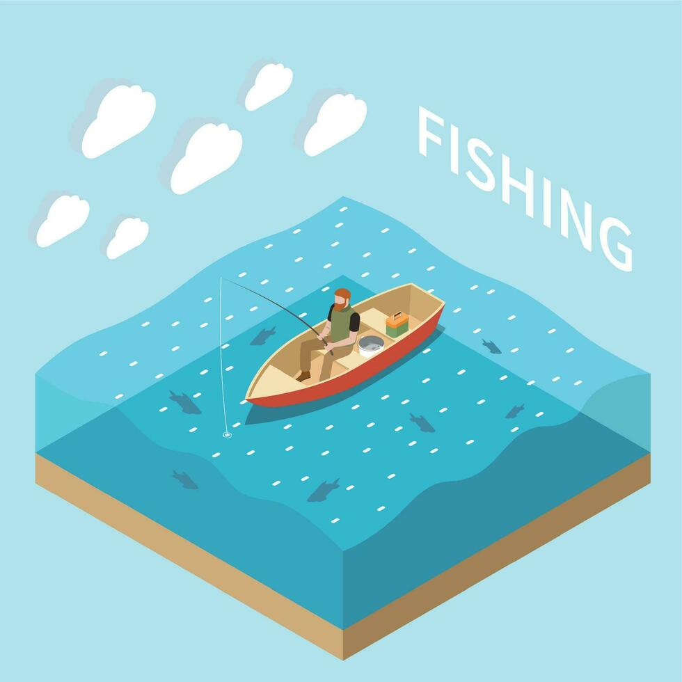Fishing Fisherman Isometric Isolated Concept vector