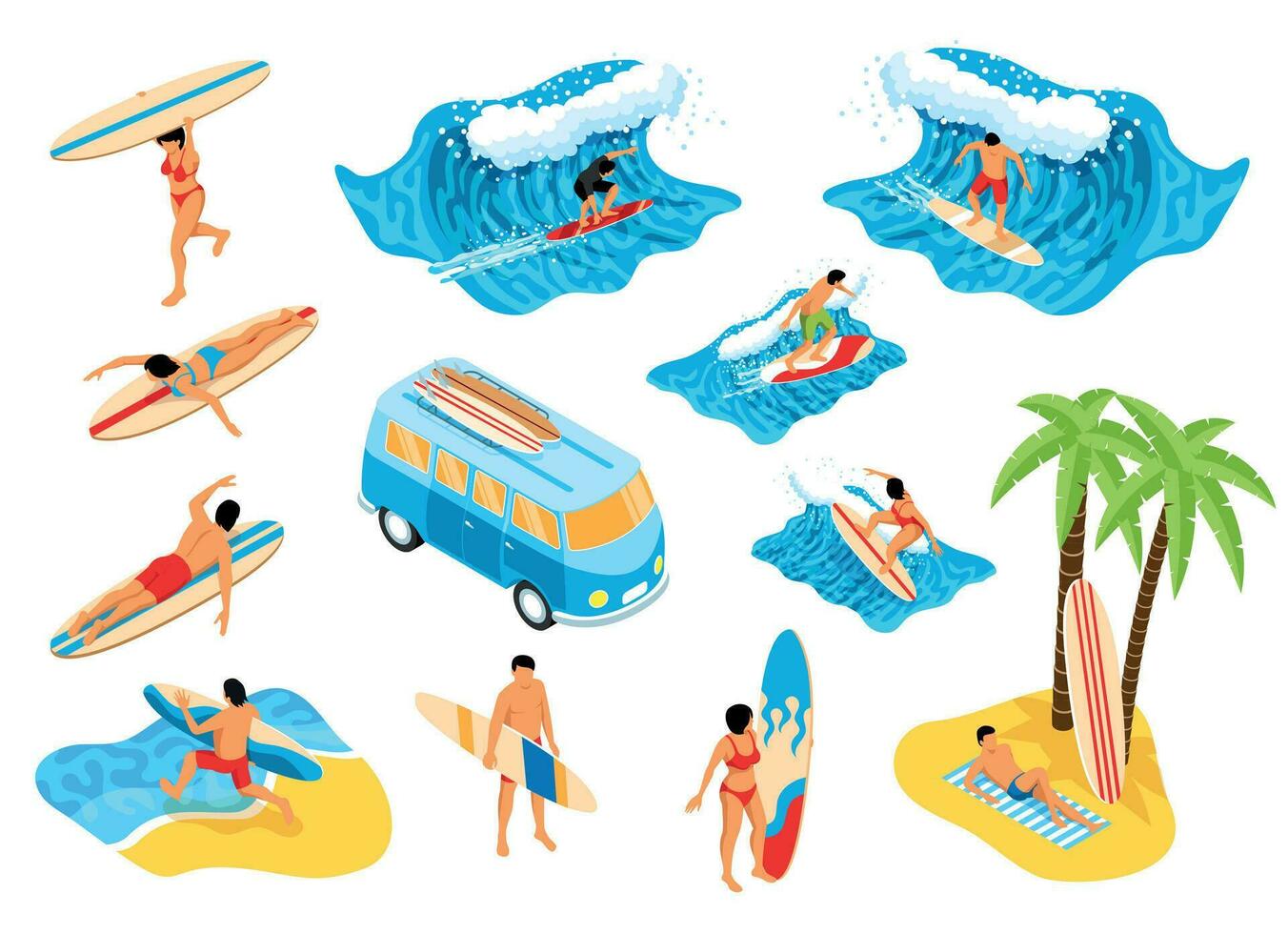 Surfing Club Isometric Set vector