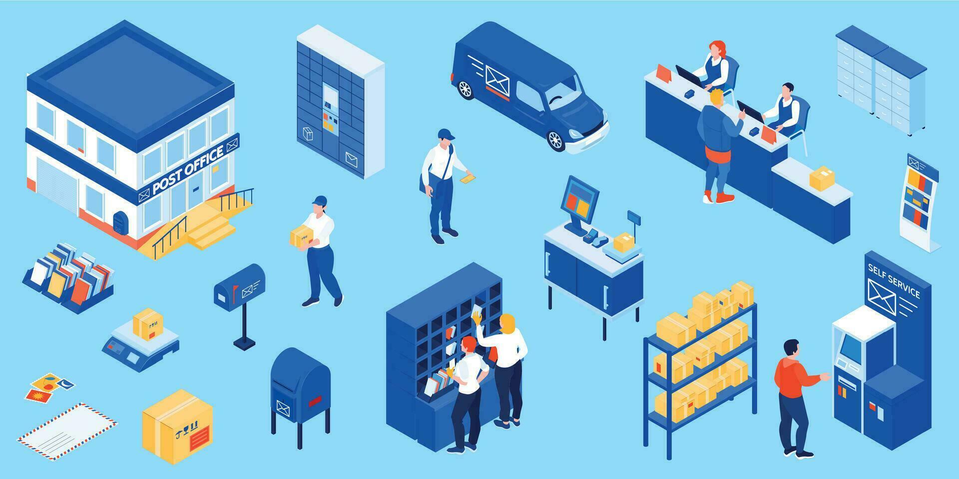 Isometric Post Office Icons vector