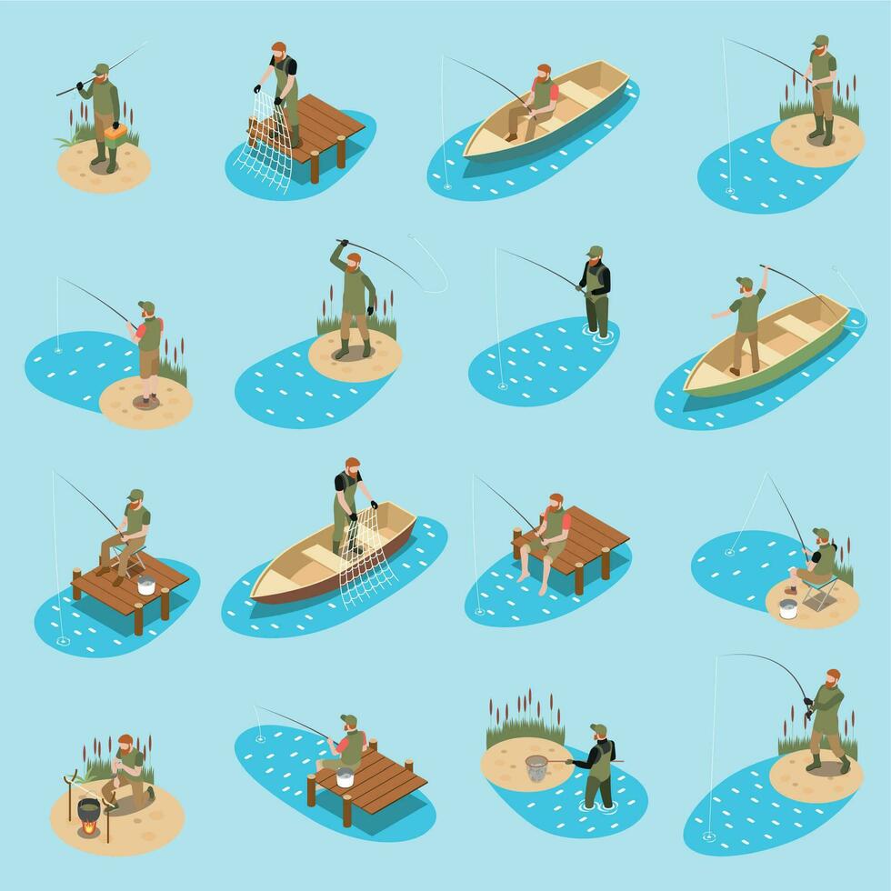 pescar pescador isométrica icono conjunto vector