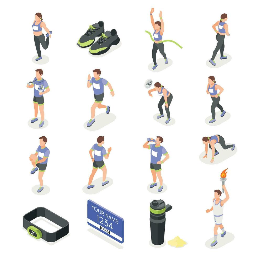 Marathon Runners Isometric Icons vector