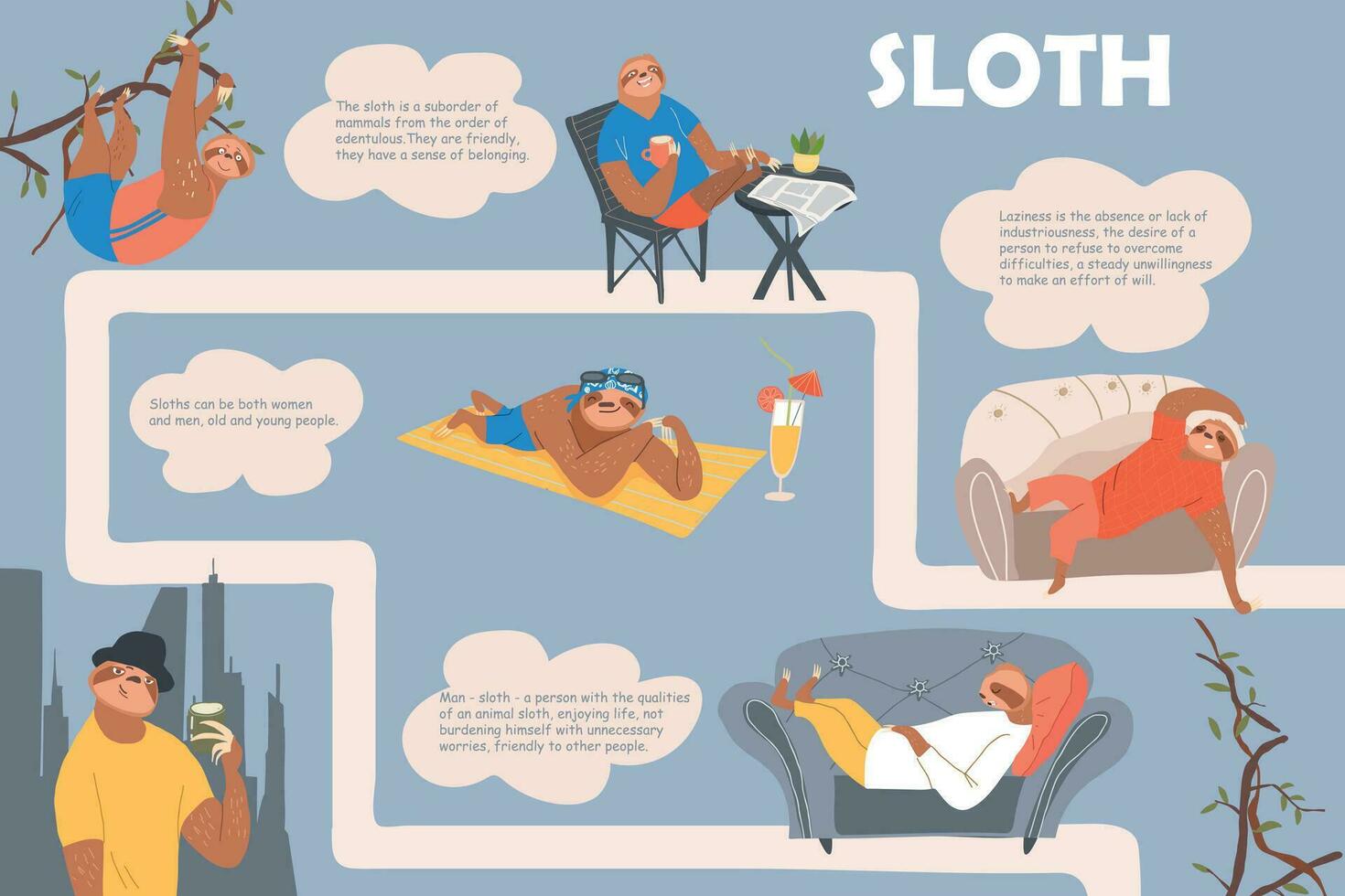 Sloth Laziness Flat Infographics vector
