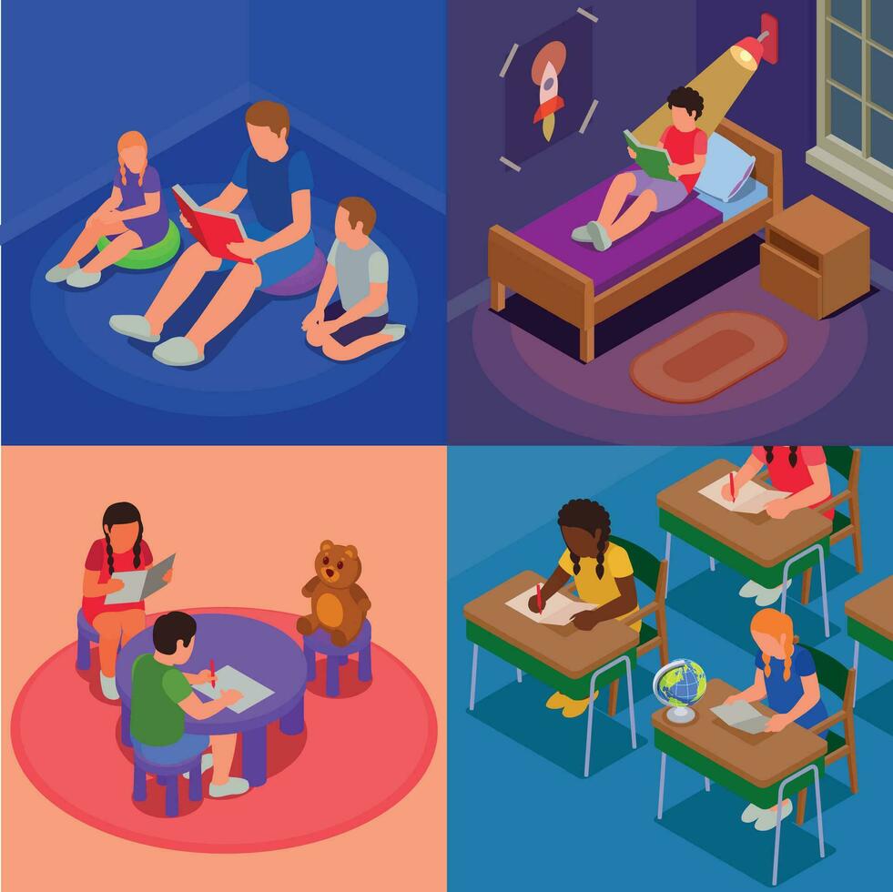 Four Squares Children Reading Learning Drawing Isometric Icon Set vector