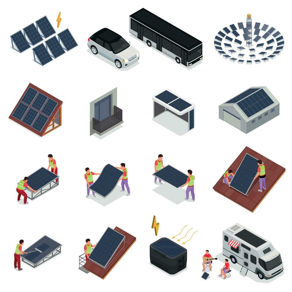 personas instalando y utilizando solar paneles isométrica icono conjunto vector