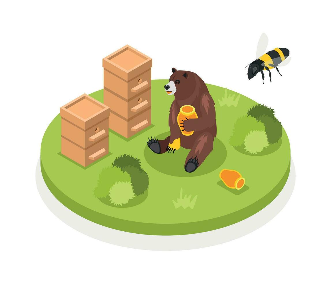 Bear And Honey Isometric Composition vector