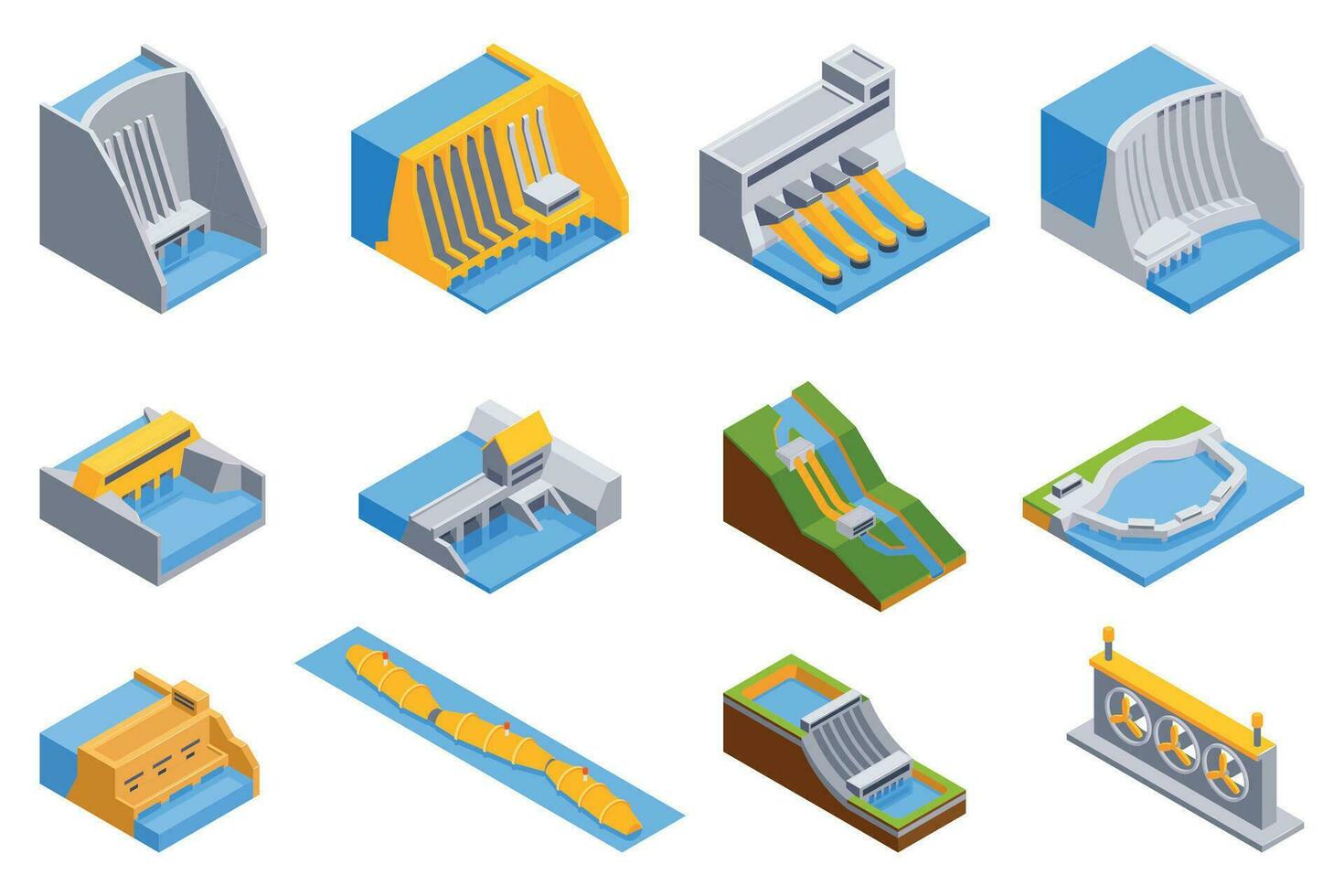 Hydroelectric Station Icon Set vector