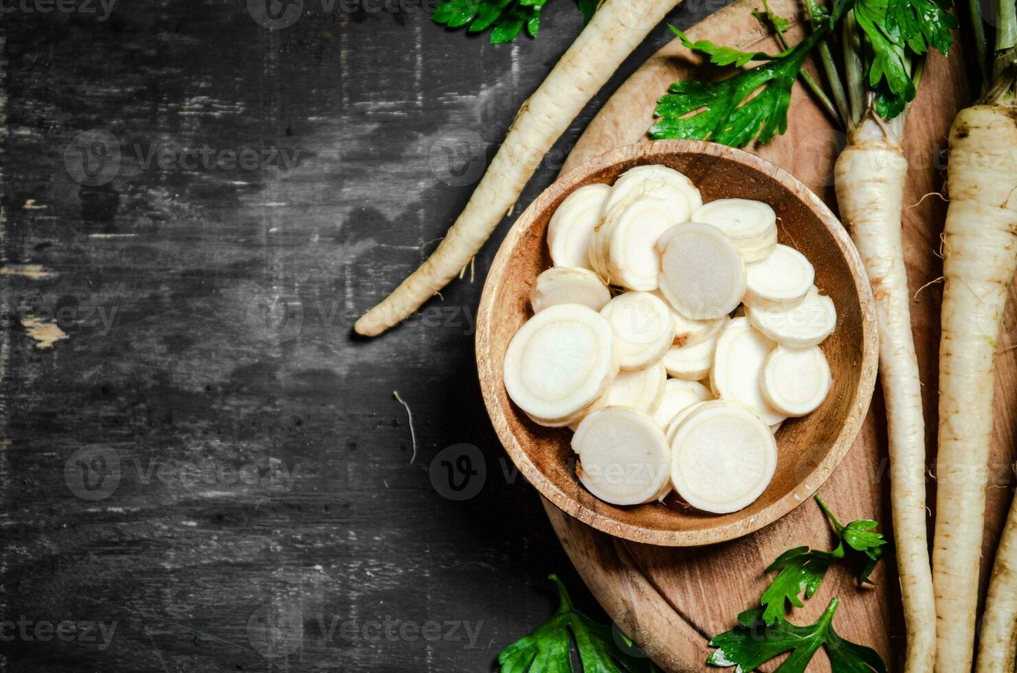 Chopped parsley root. On table photo