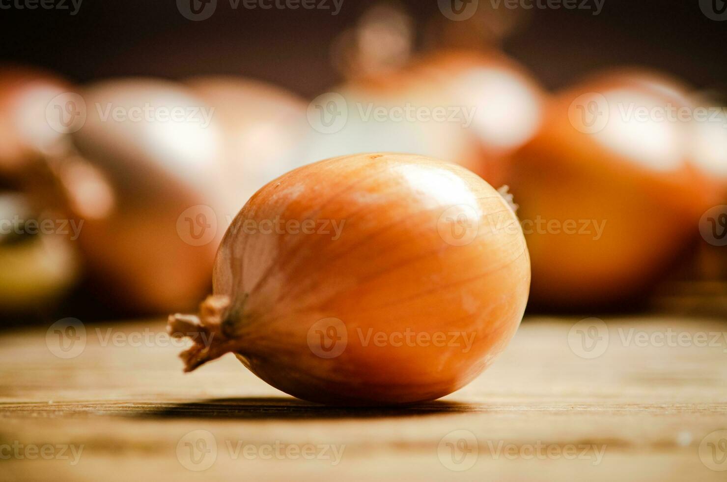 Fresh onions on table . photo