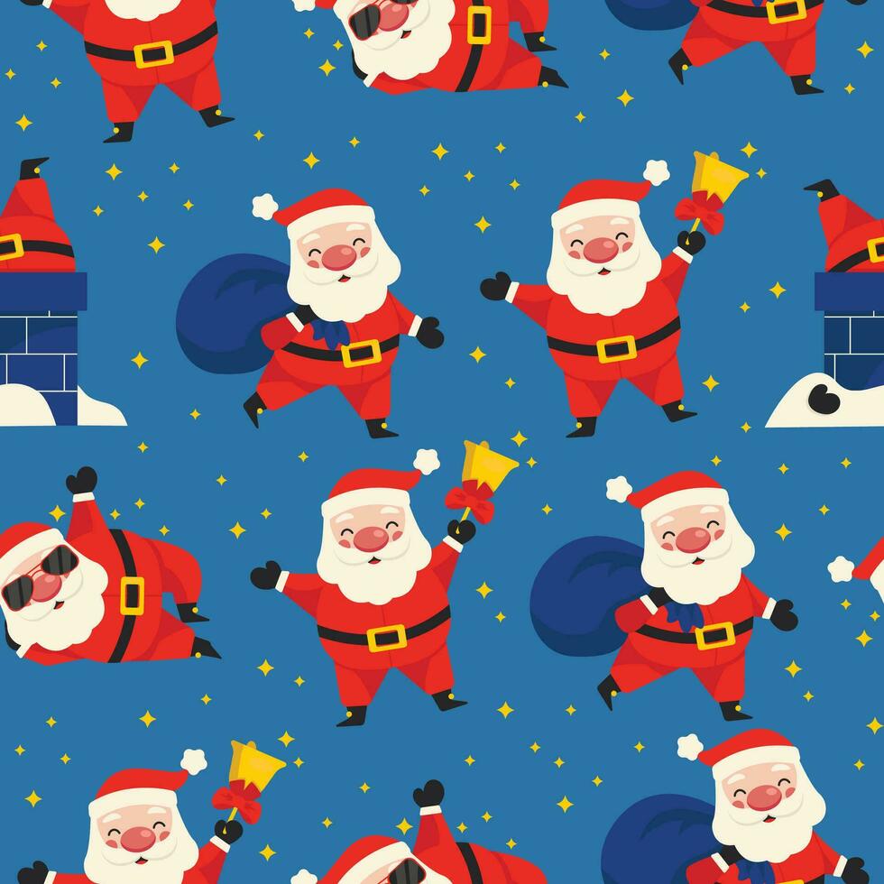 Seamless holiday pattern. Santa Claus with a bag of gifts, ringing a bell, stuck in a chimney and wearing sunglasses. Merry Christmas. Vector graphic.