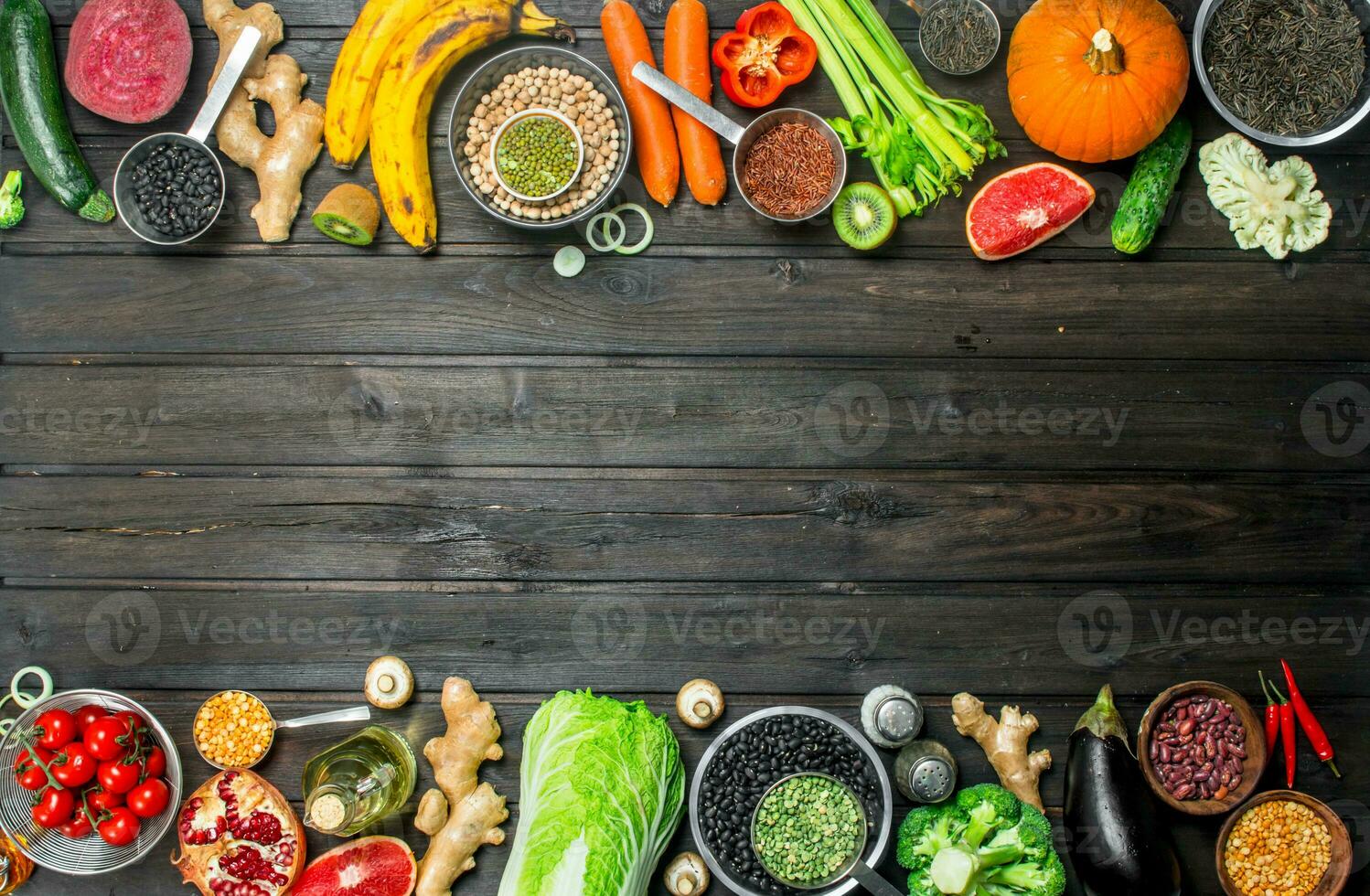 Organic food. Healthy assortment of vegetables and fruits with legumes. photo