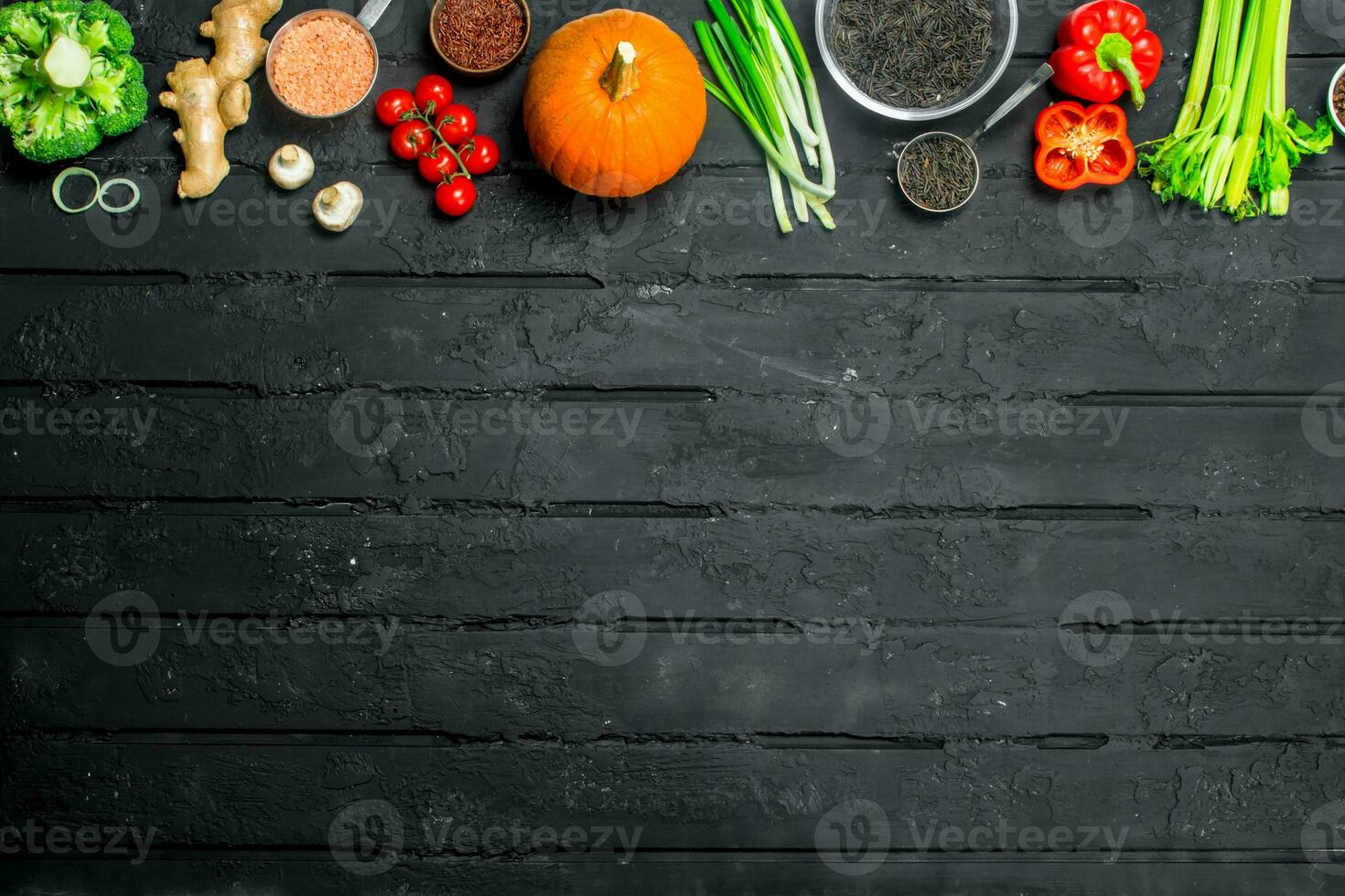 Organic food. Variety of healthy fruits and vegetables with legumes. photo