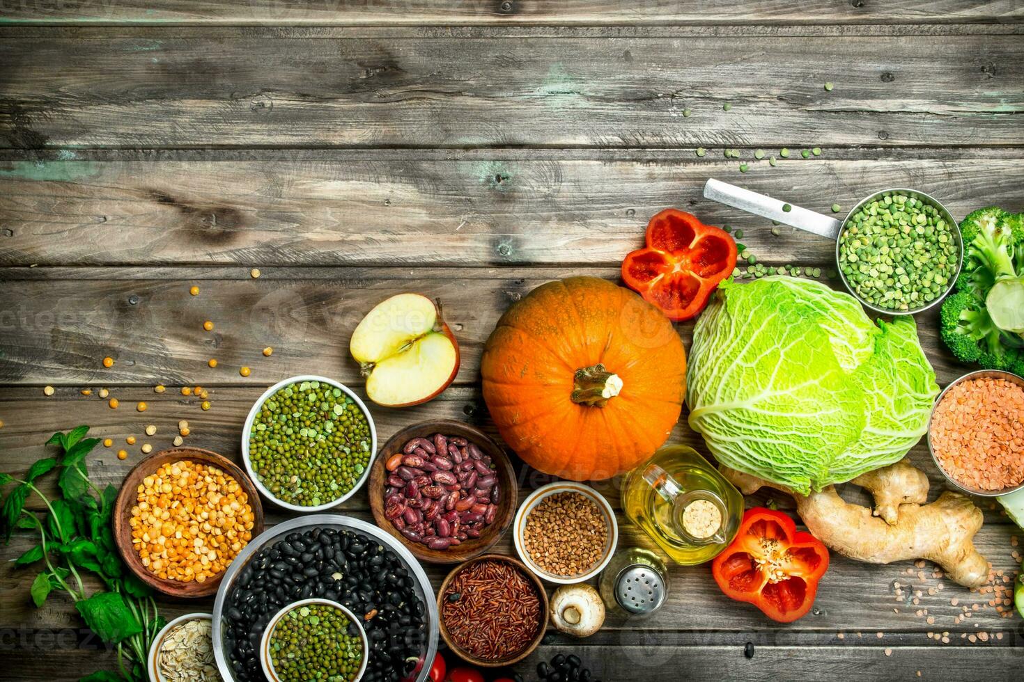 Healthy food. Healthy assortment of vegetables and fruits with legumes. photo