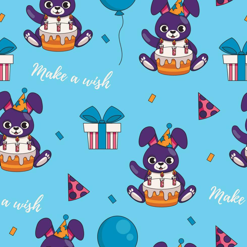 Seamless holiday pattern. Birthday. Cute hare in a festive hat with a cake, gifts and balloons. Vector graphic.