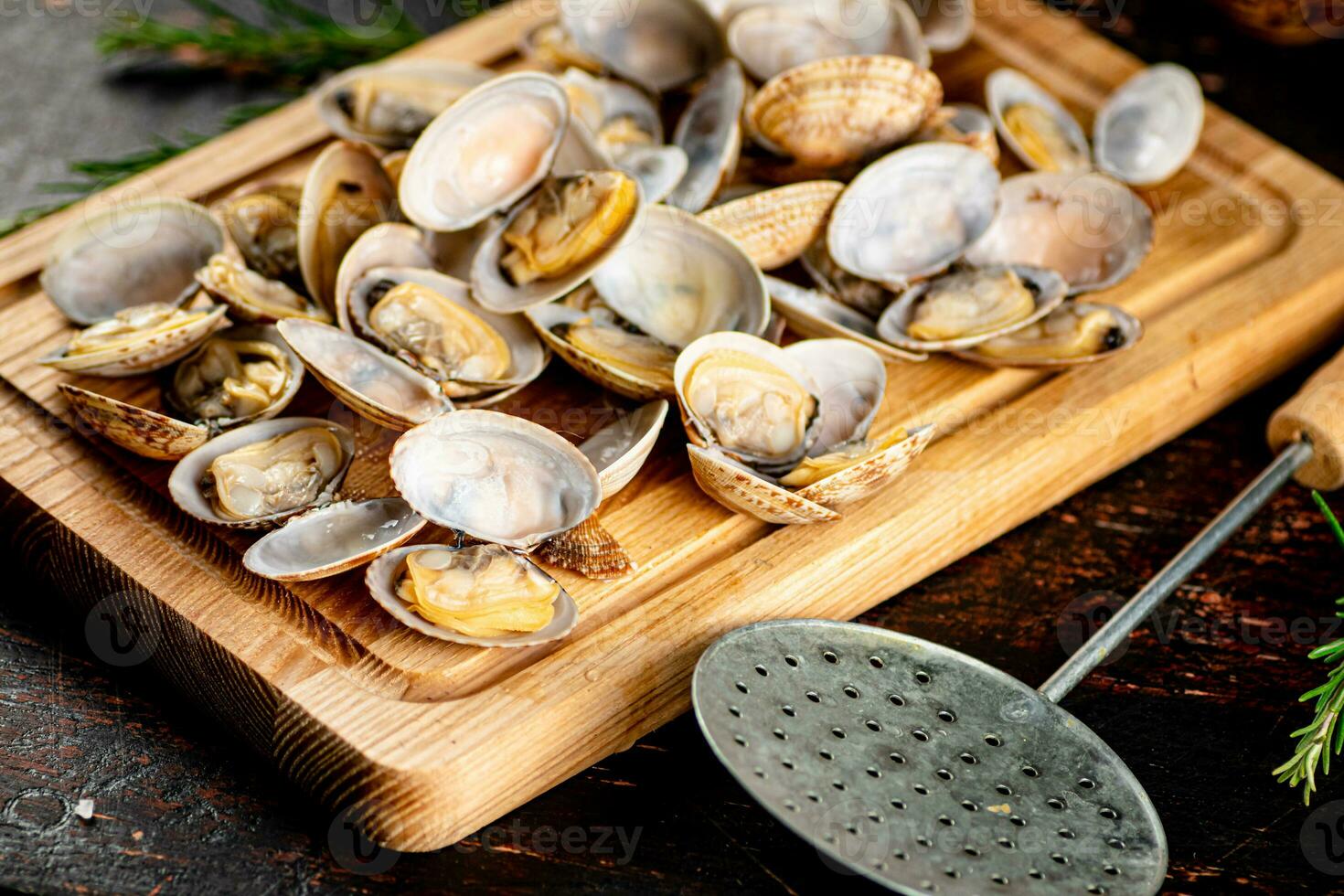 Vongole on a wooden cutting board. photo