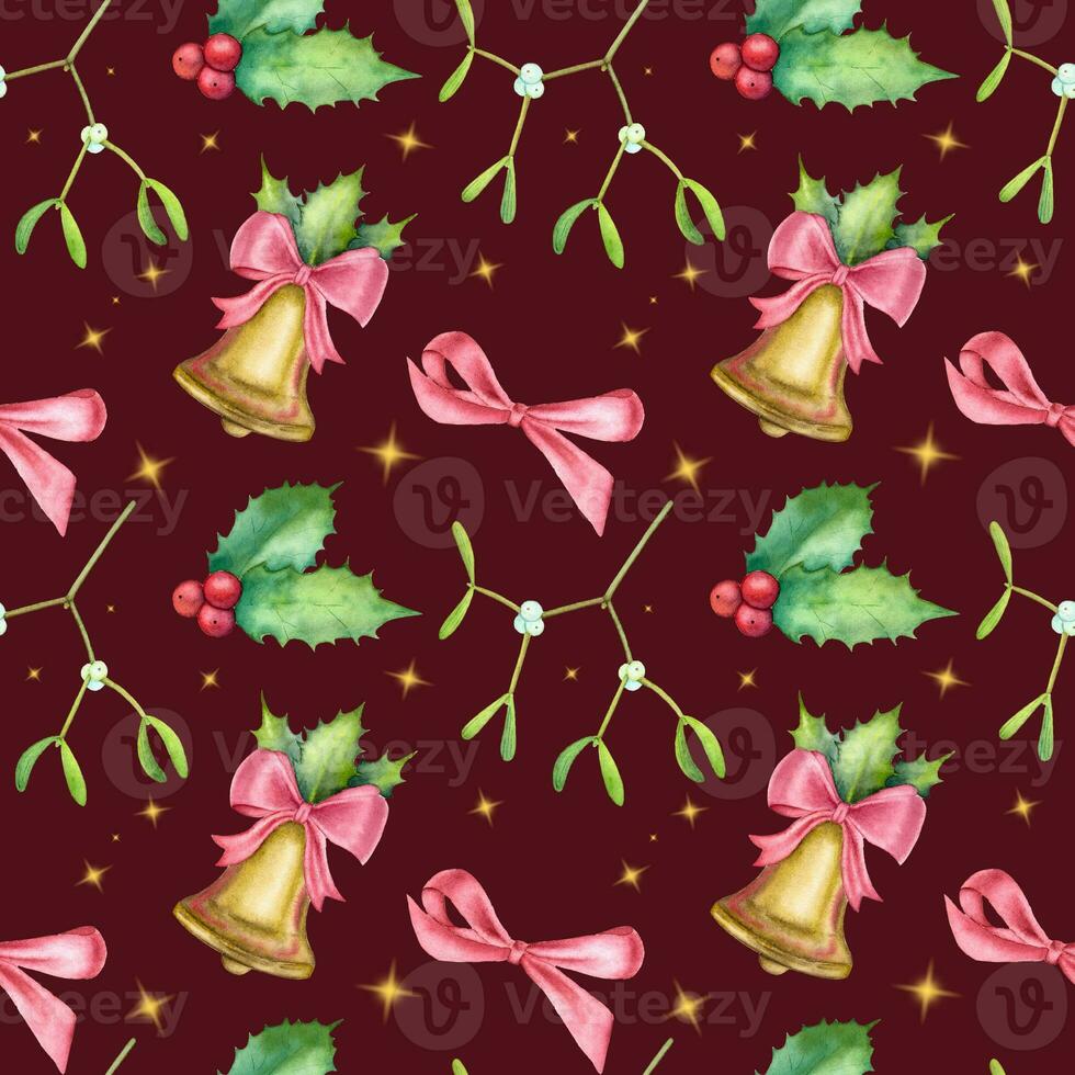 Watercolor Christmas pattern with a bell, holly, mistletoe and red ribbon on the dark red background. Seamless magical Christmas pattern. photo