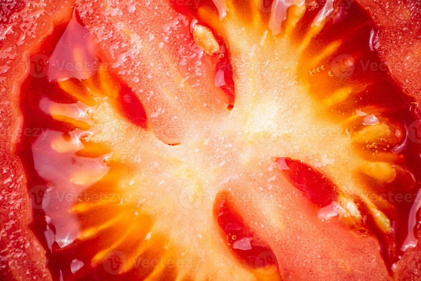 A round piece of tomato. Macro background. photo