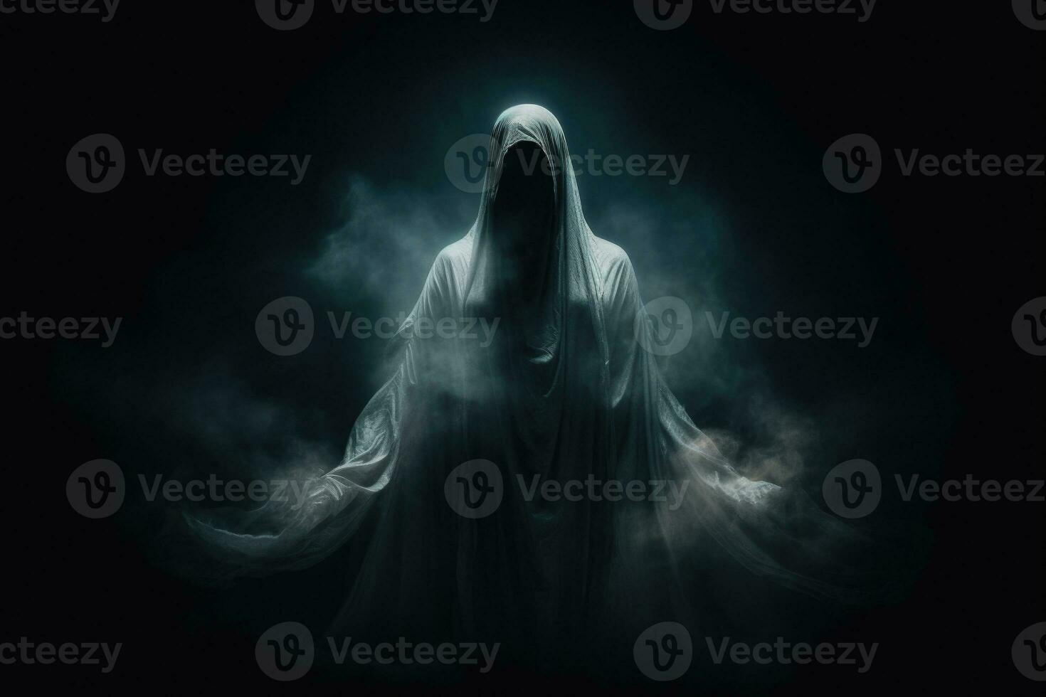 Scary ghost on dark background. Generative AI photo