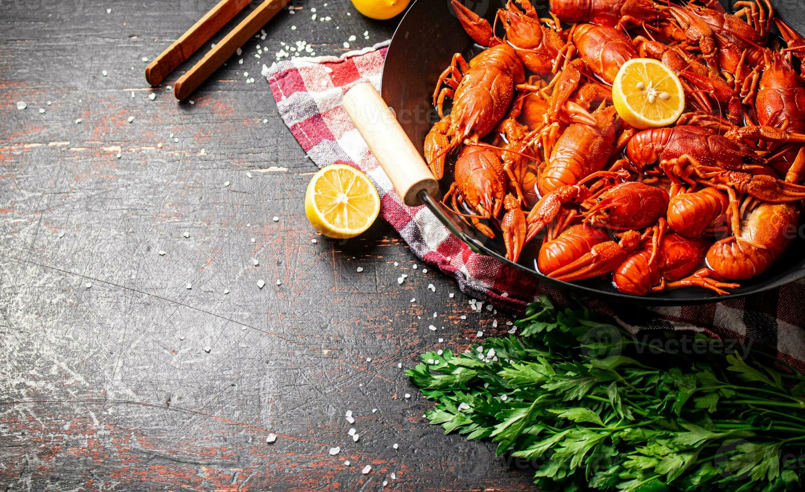 A pot of boiled crayfish on a napkin. photo