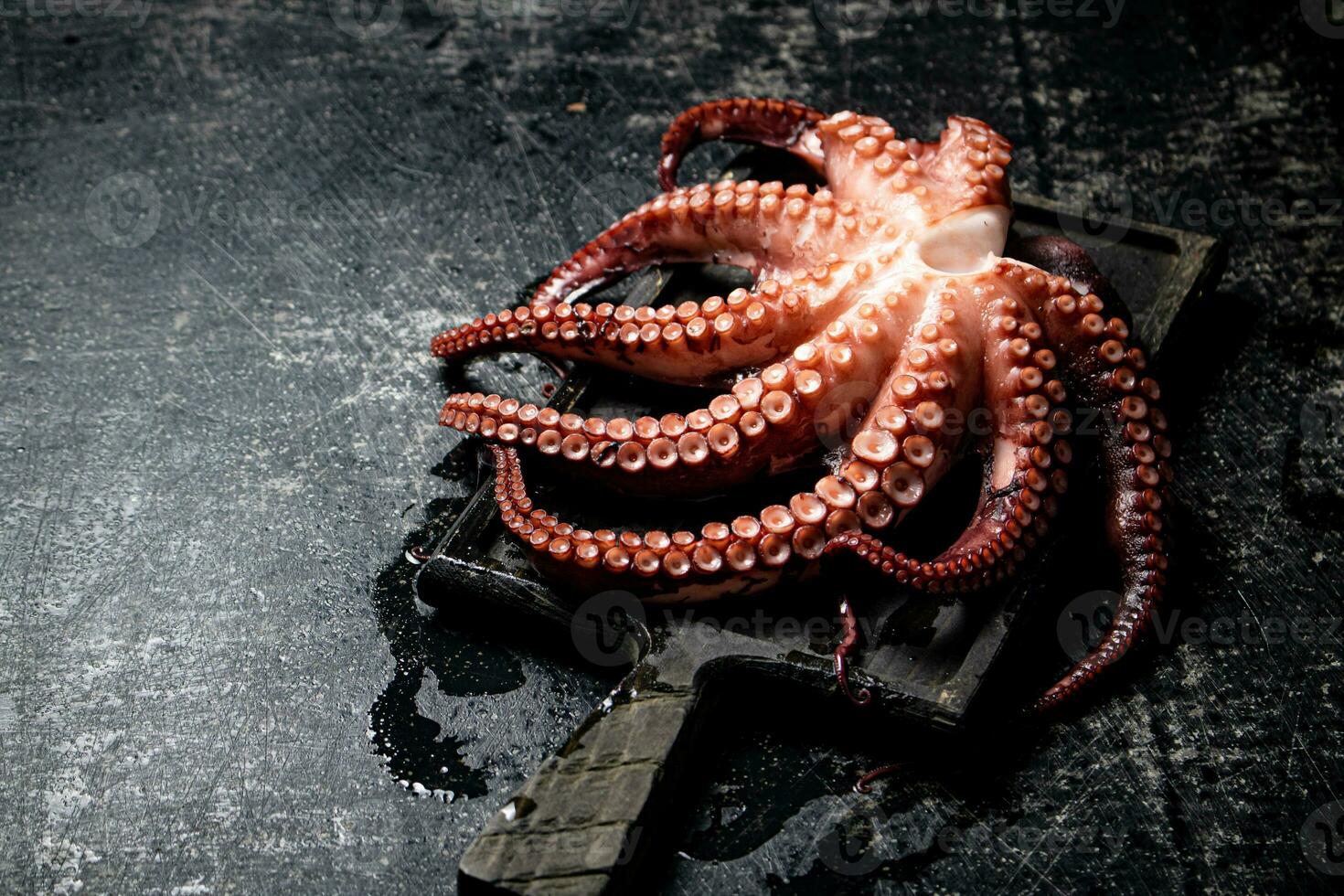 Tentacles of a fresh octopus on a cutting board. photo