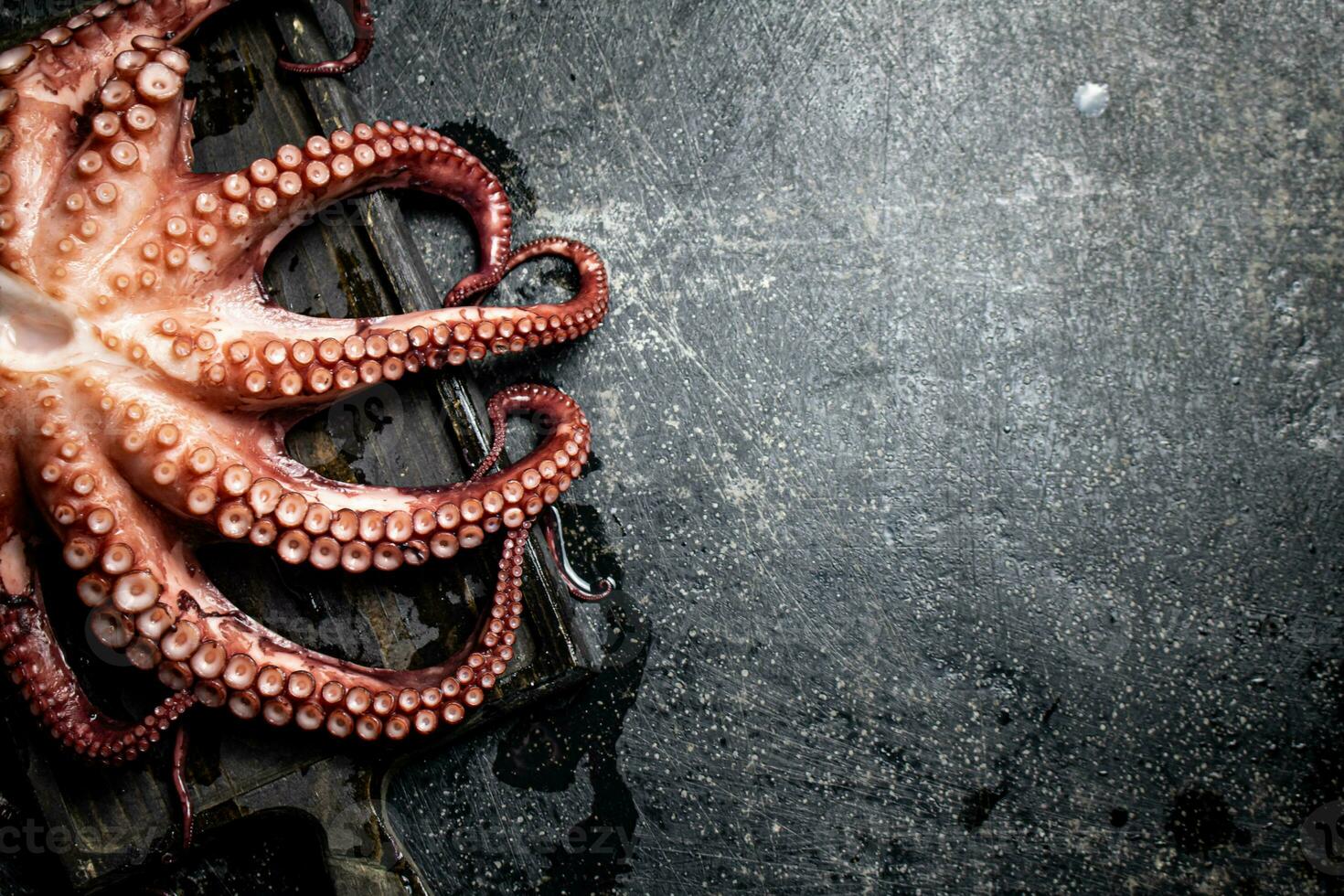 Tentacles of a fresh octopus on a cutting board. photo