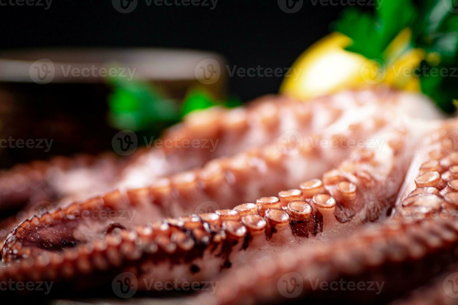 Octopus tentacles with parsley. Macro background. photo
