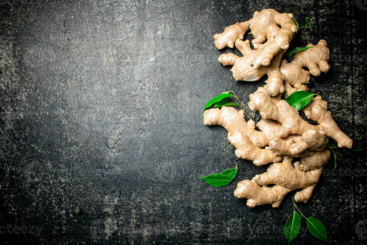 Fresh ginger root with leaves. photo