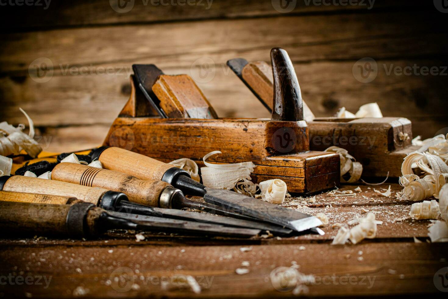 Various working tools on wood on the table. photo