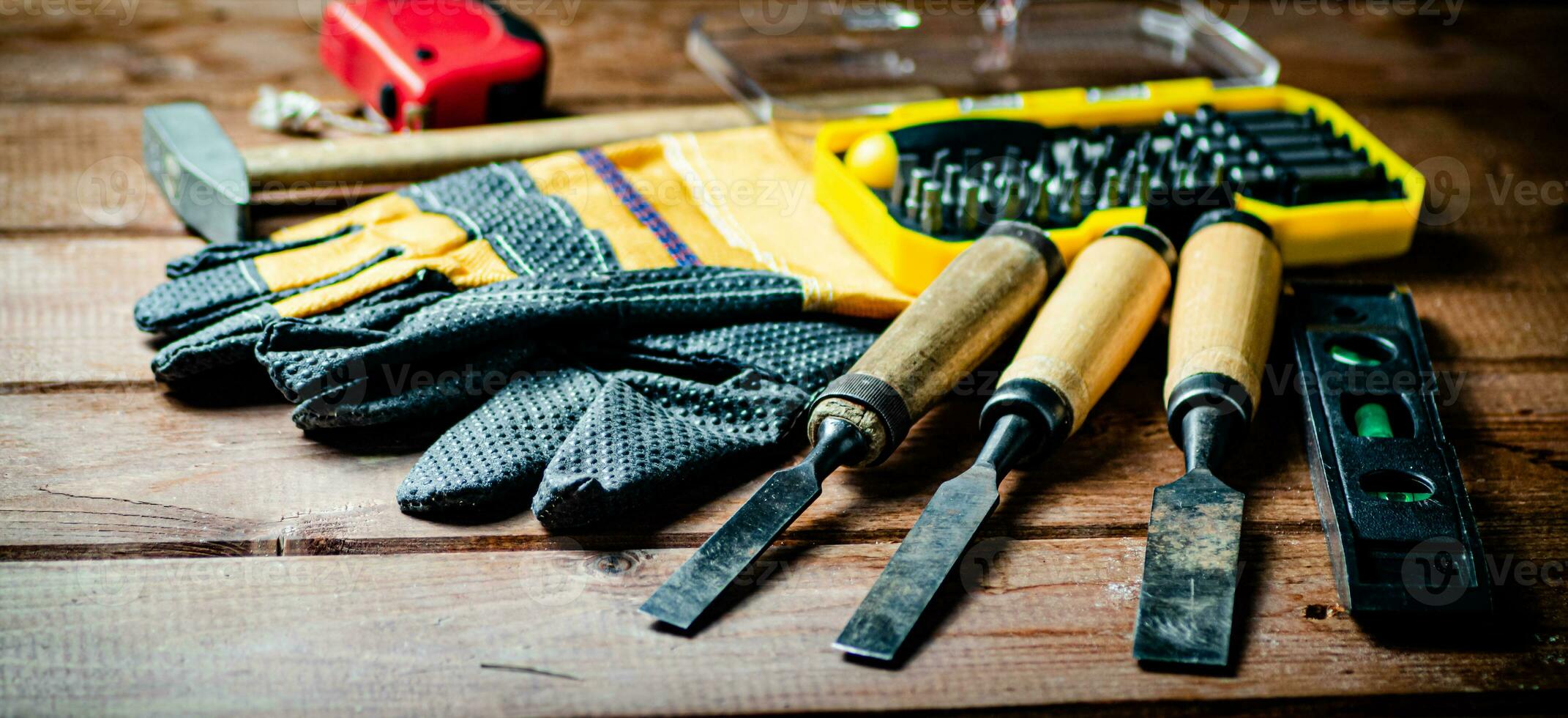 A set of construction tools on the table. photo