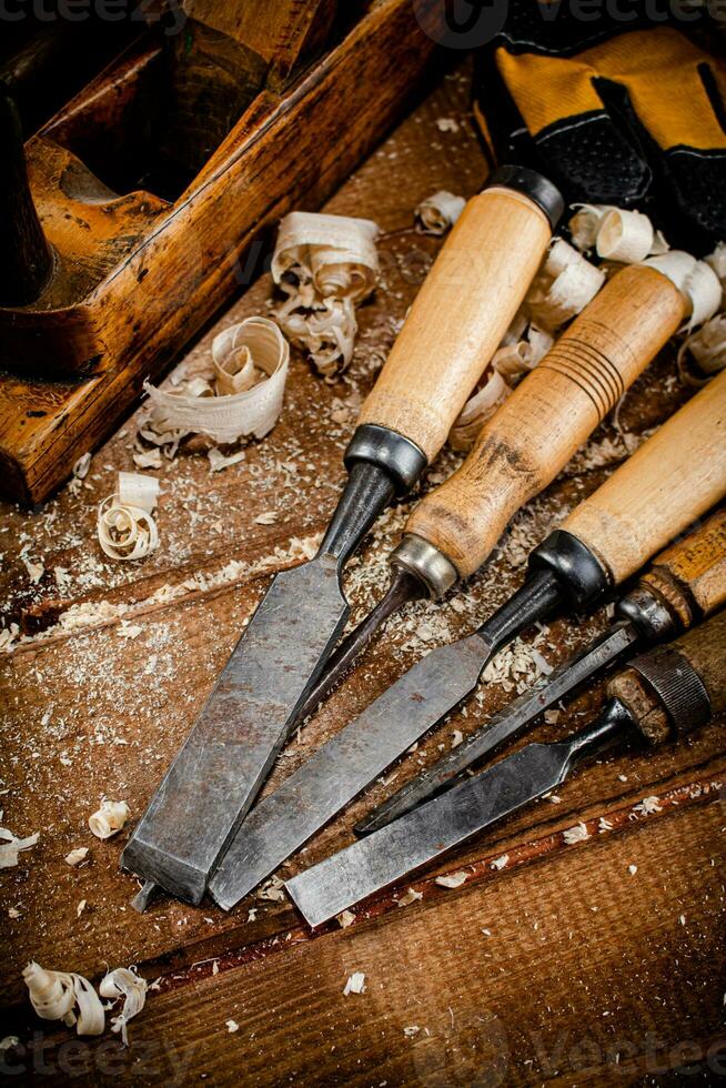 Various working tools on wood on the table. photo