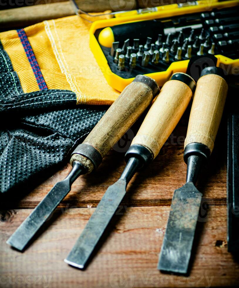 A set of construction tools on the table. photo