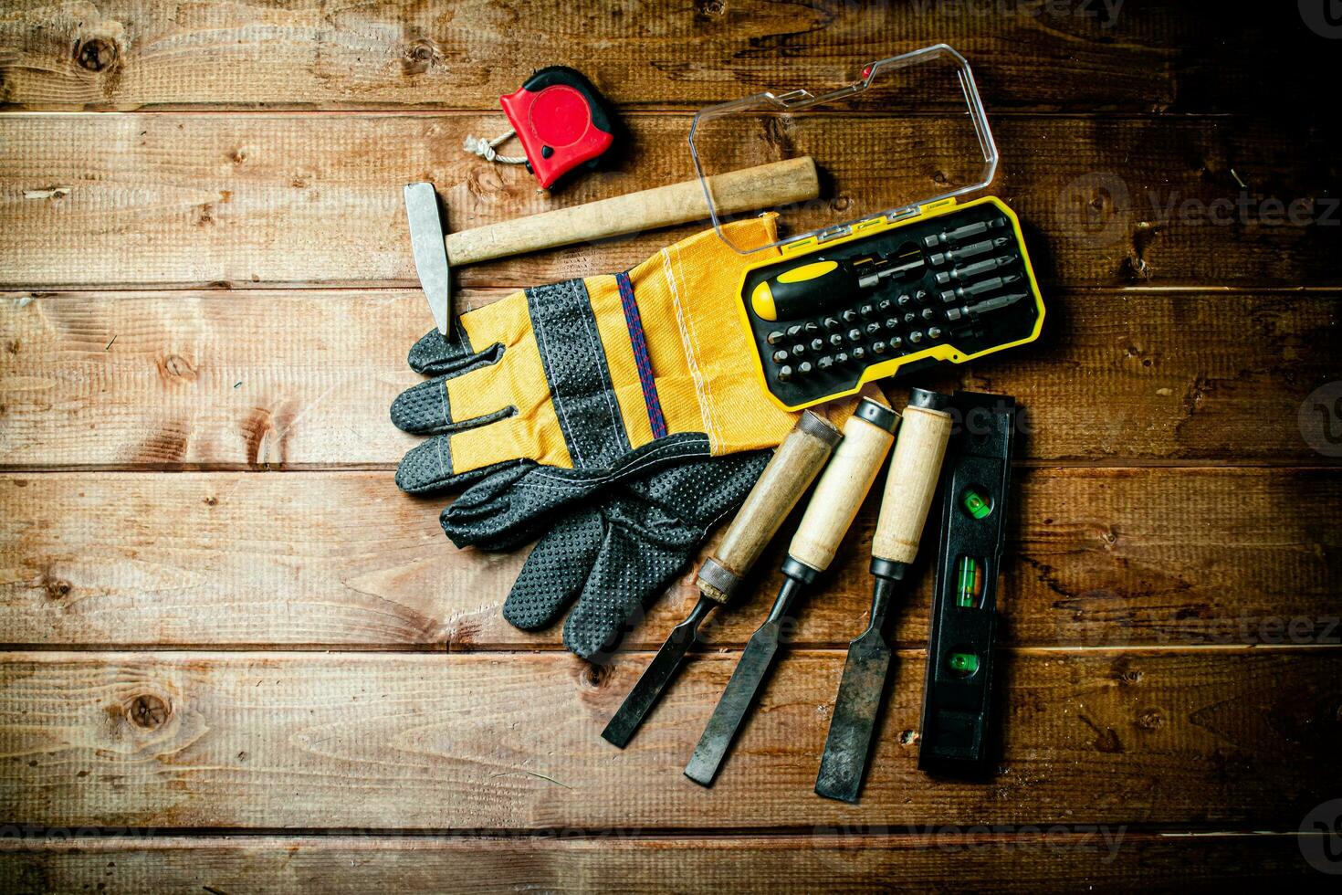 A set of construction tools on the table. photo