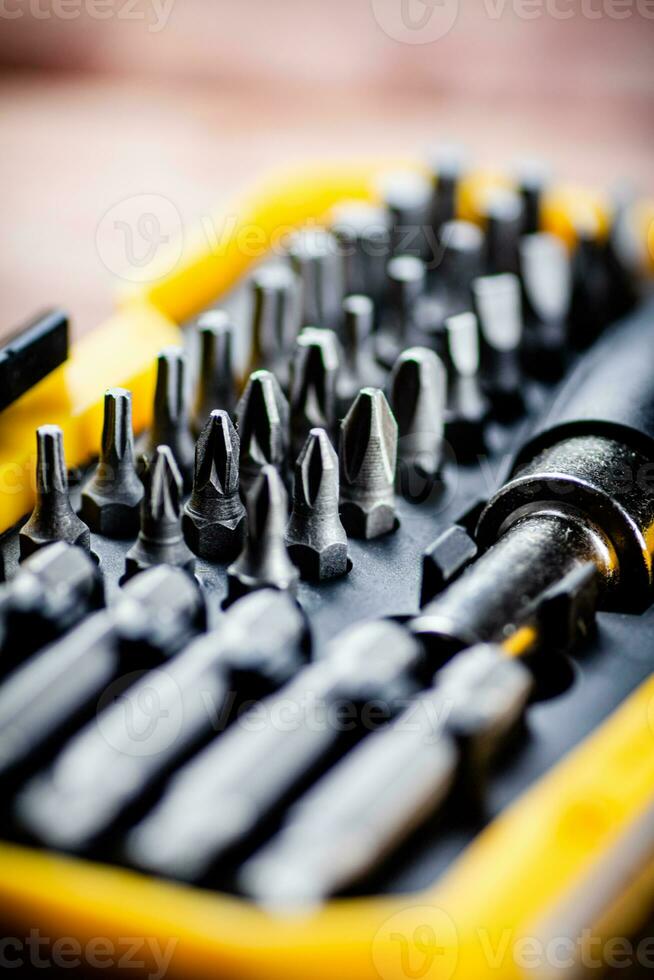 Set of construction bits. Macro background. photo