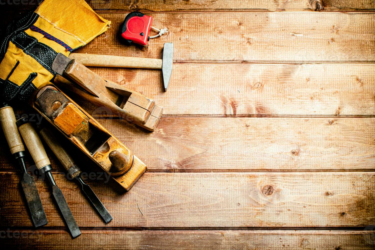 Various working tools on wood on the table. photo