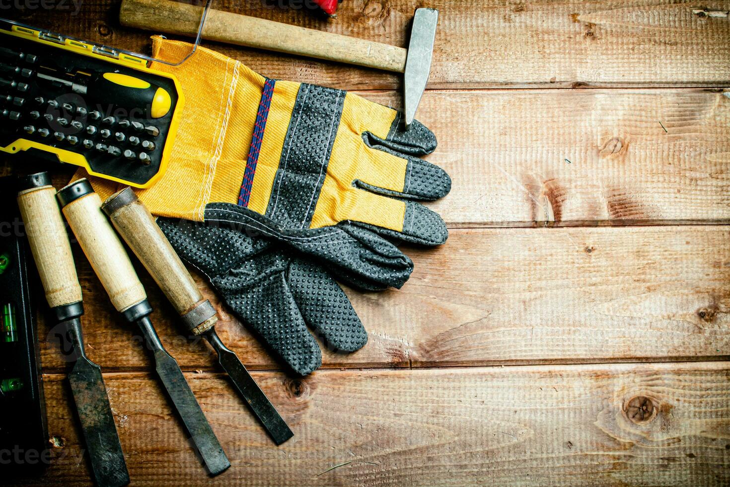 A set of construction tools on the table. photo