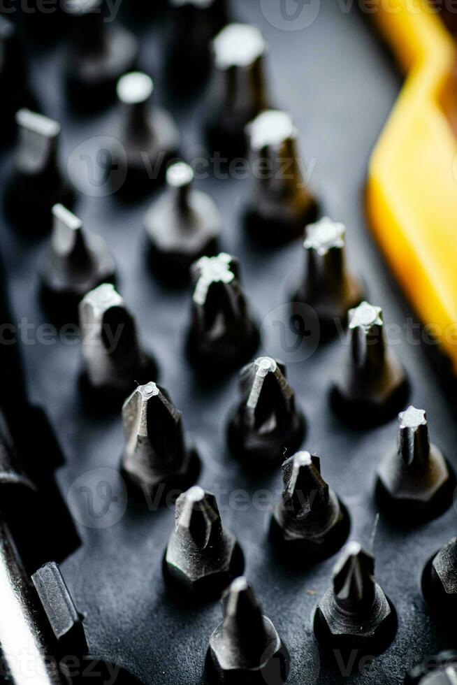 Set of construction bits. Macro background. photo