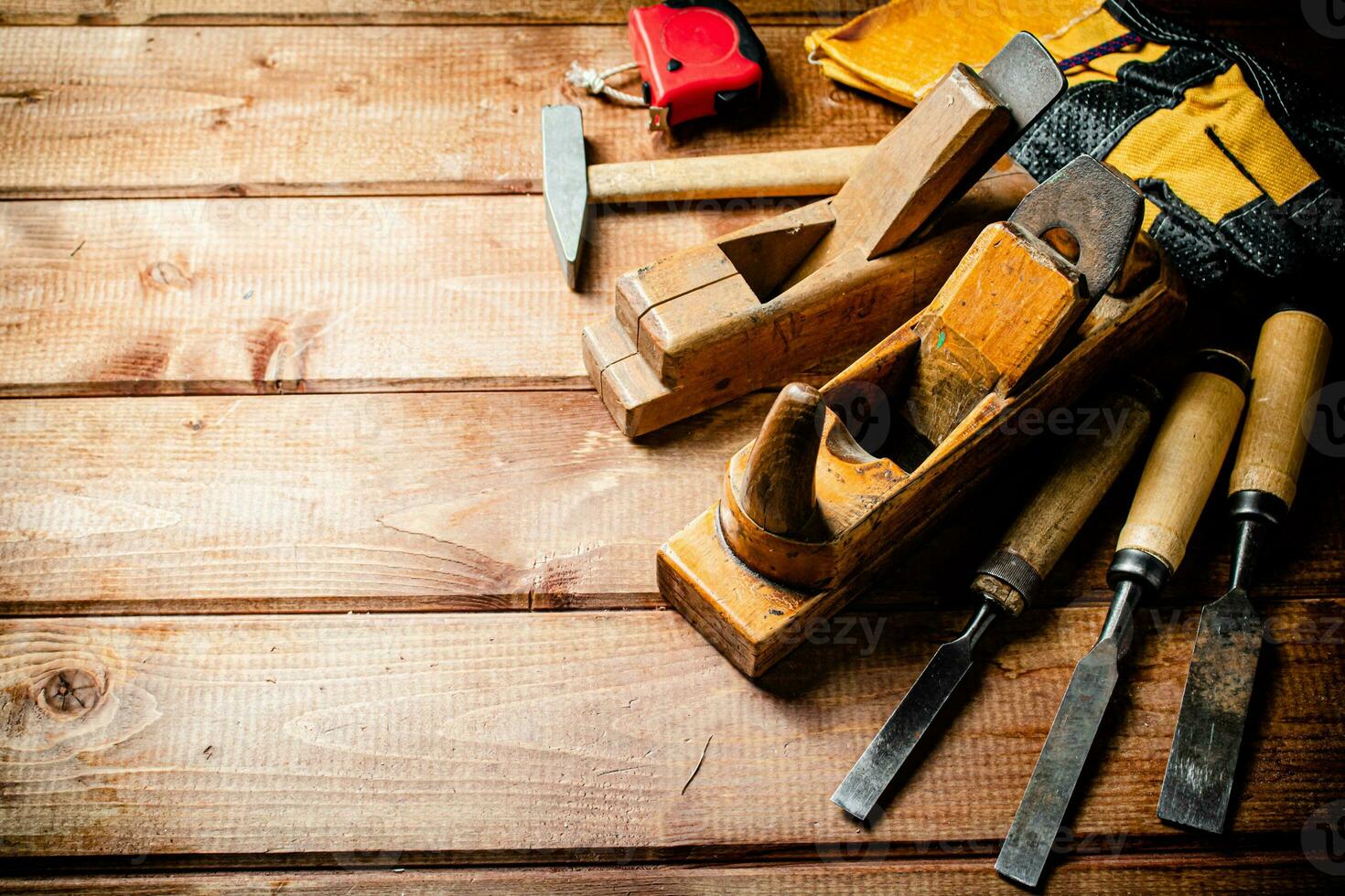 Various working tools on wood on the table. photo
