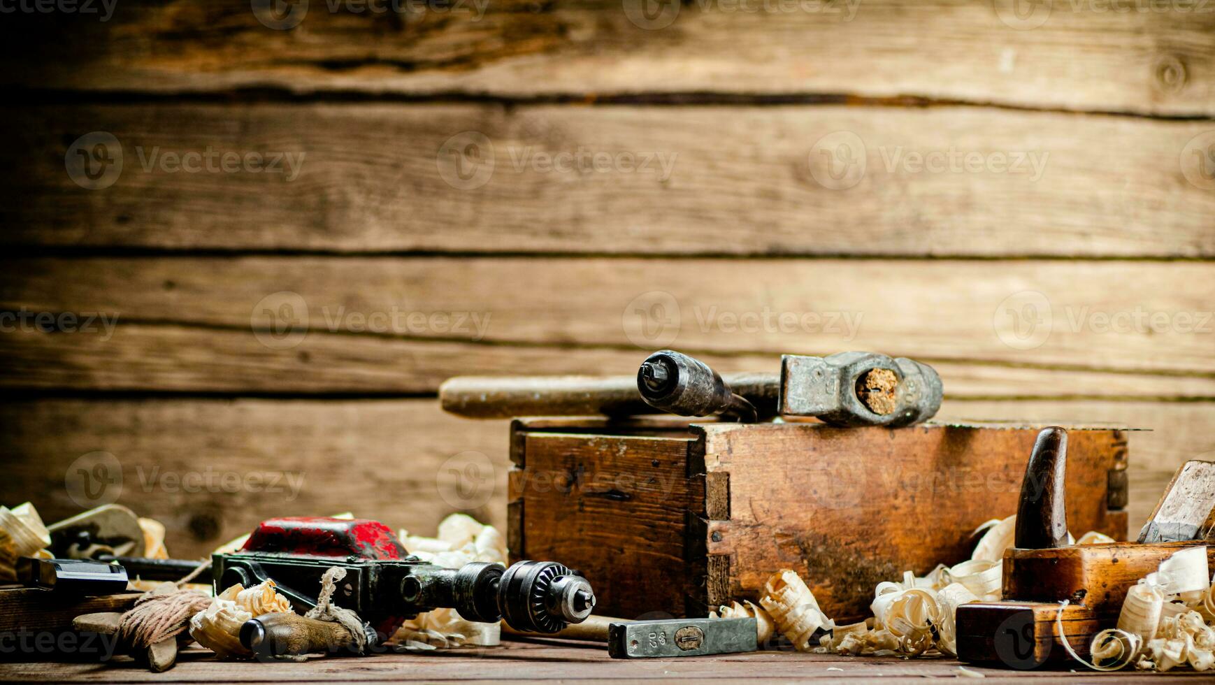 Various working tools on wood on the table. photo
