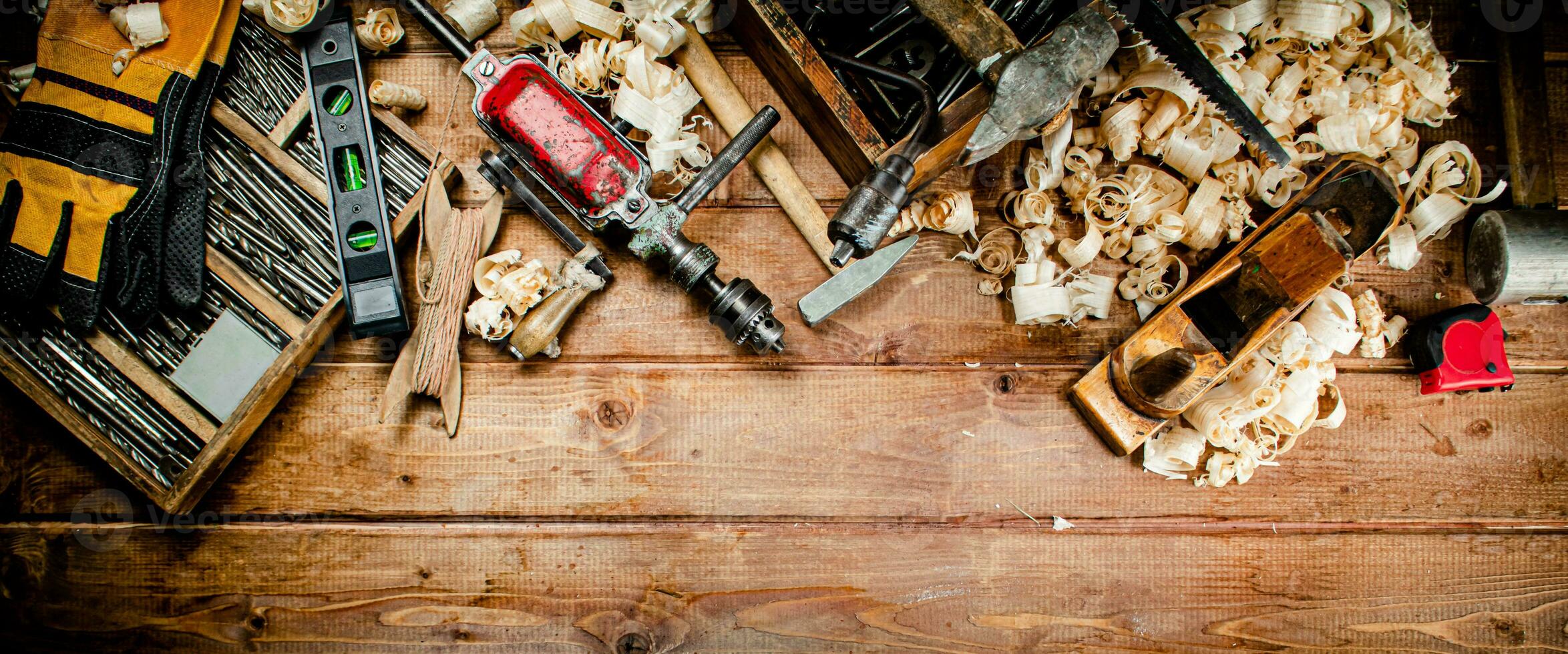 Various working tools on wood on the table. photo