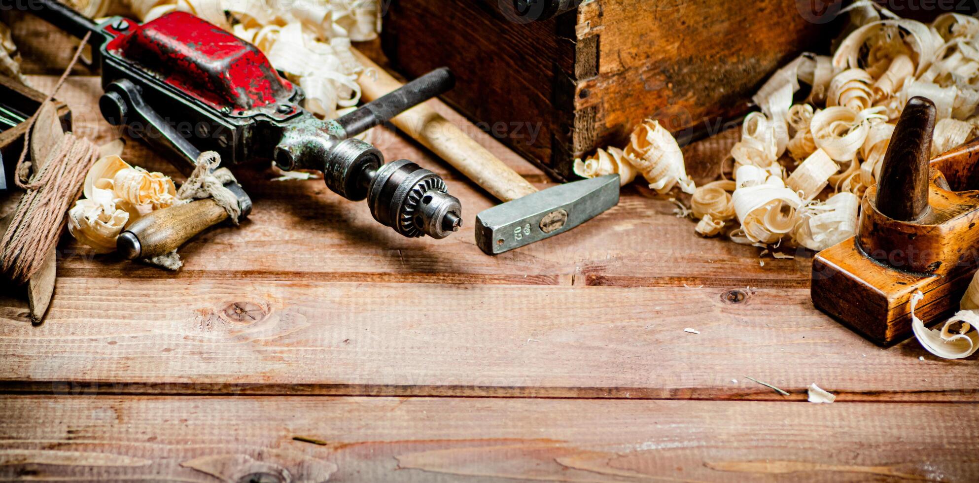 Various working tools on wood on the table. photo