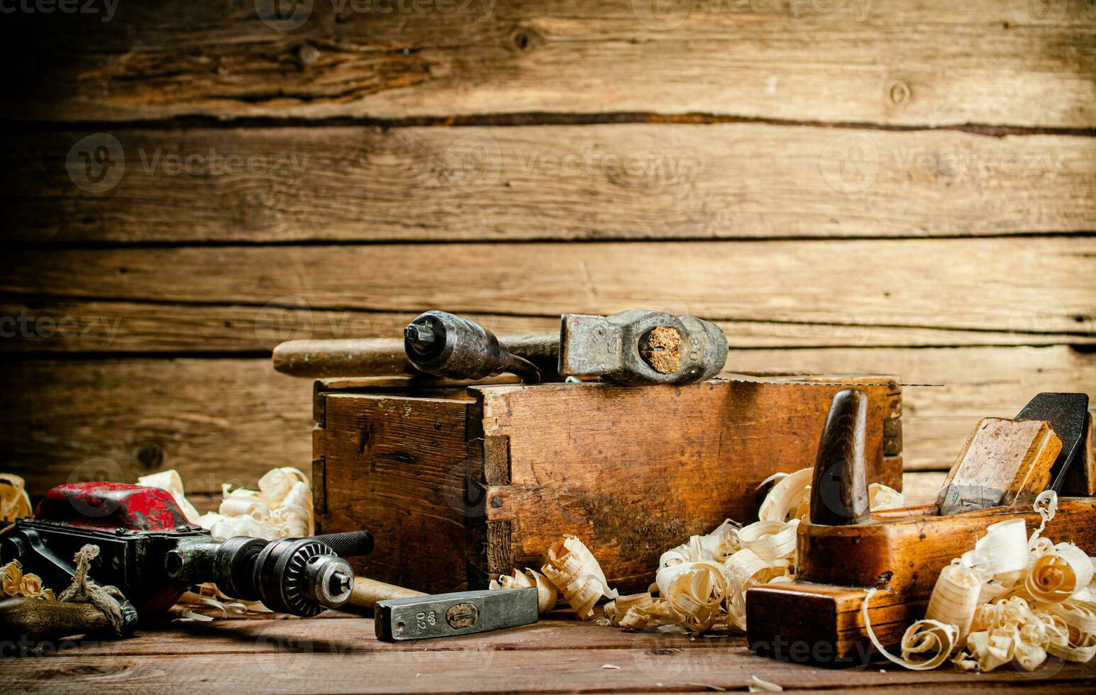 Various working tools on wood on the table. photo