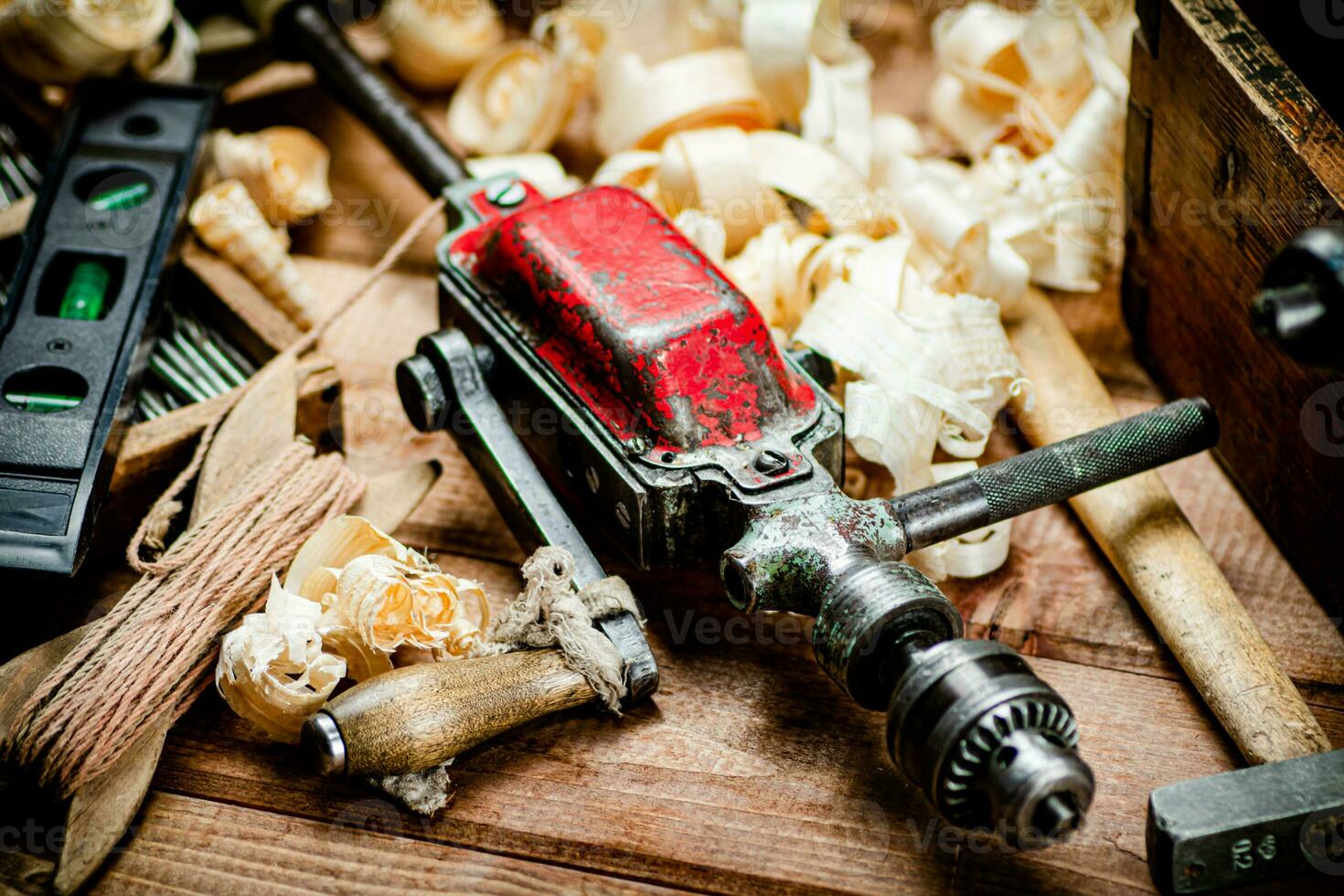 Various working tools on wood on the table. photo