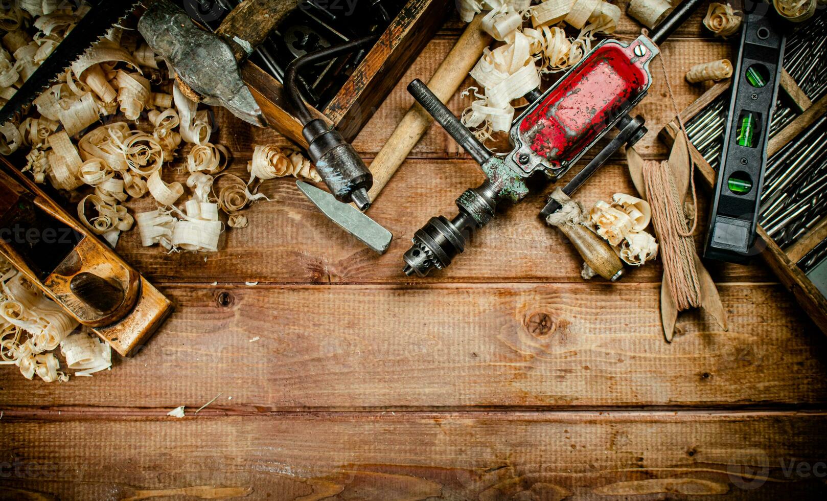 Various working tools on wood on the table. photo