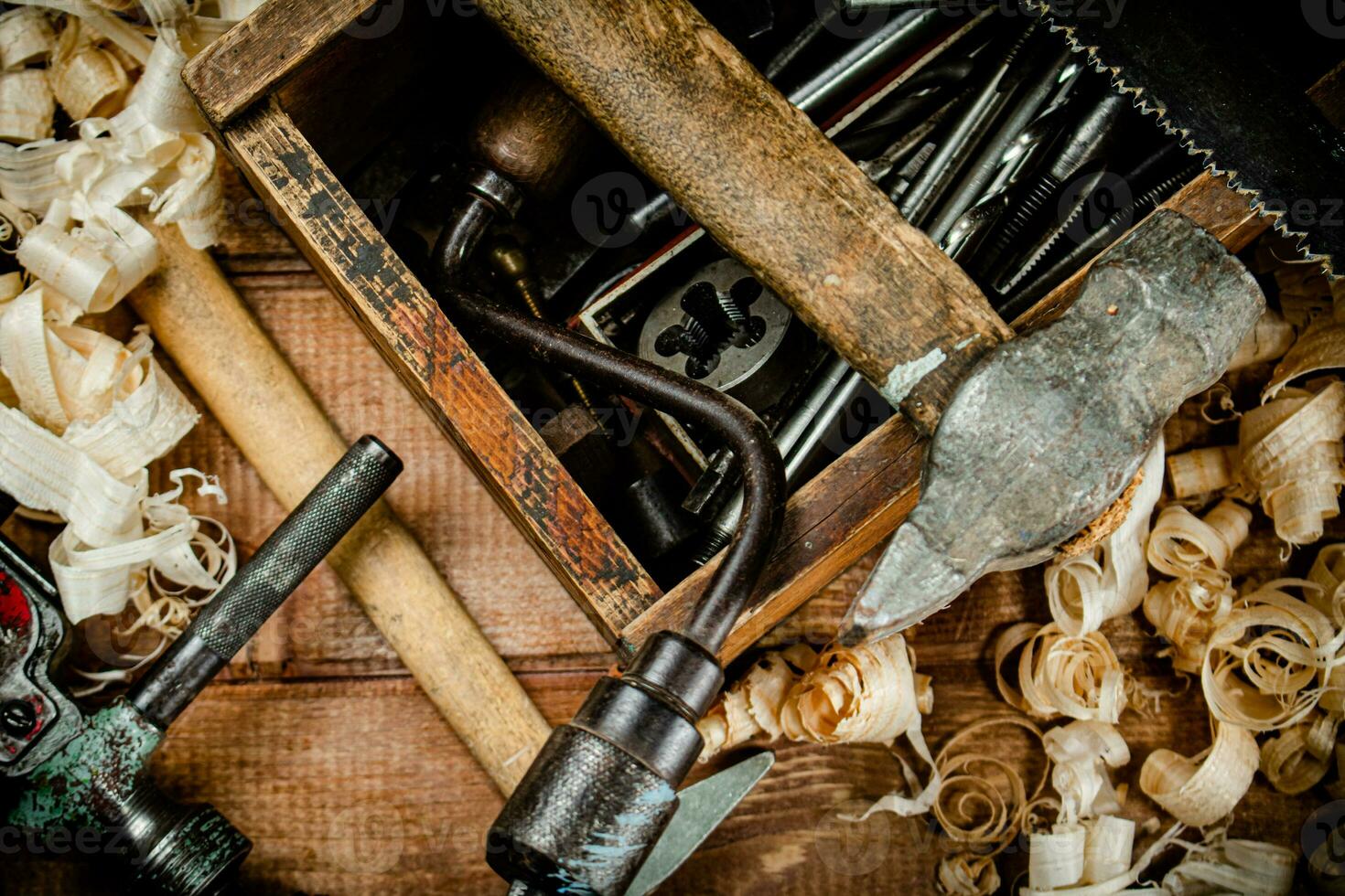 Various working tools on wood on the table. photo
