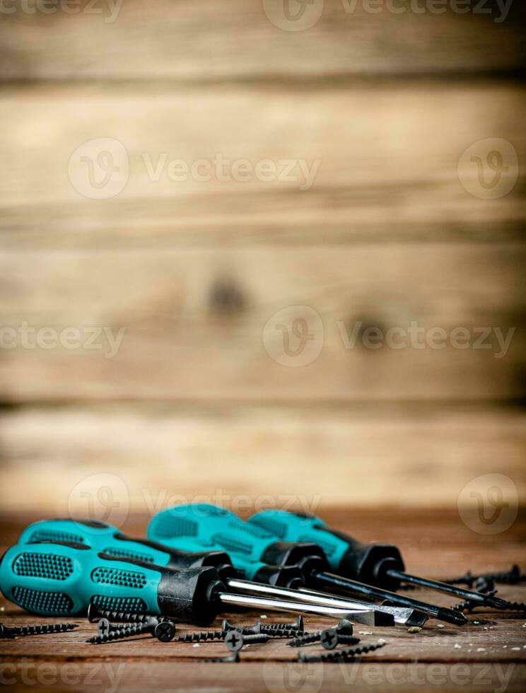 Screwdriver with a bunch of self-tapping screws. photo