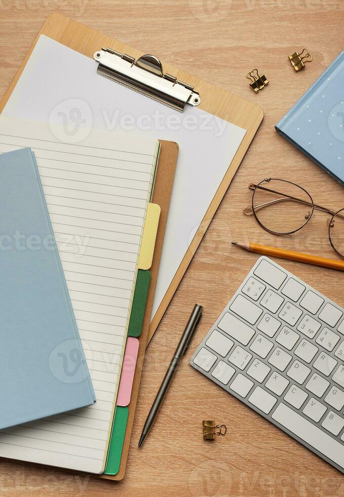Flat lay, top view office table desk. photo