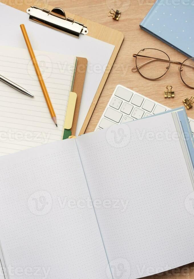 Flat lay, top view office table desk. photo