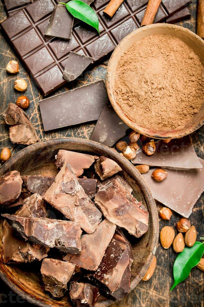 Chocolate background. Chocolate with cocoa powder and cinnamon. photo